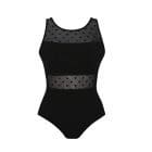 The Anita Vera black swimsuit with polka dot mesh panels