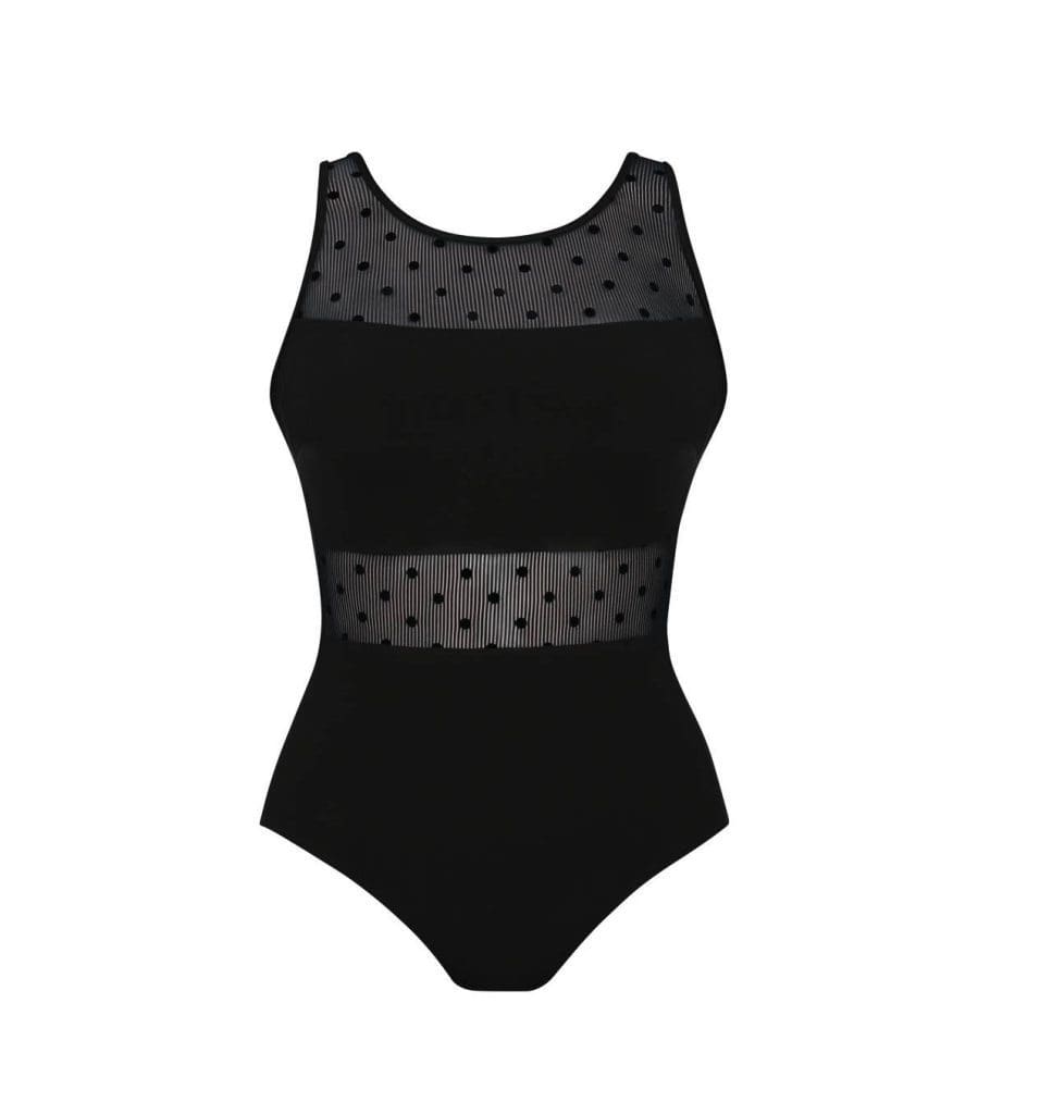 The Anita Vera black swimsuit with polka dot mesh panels