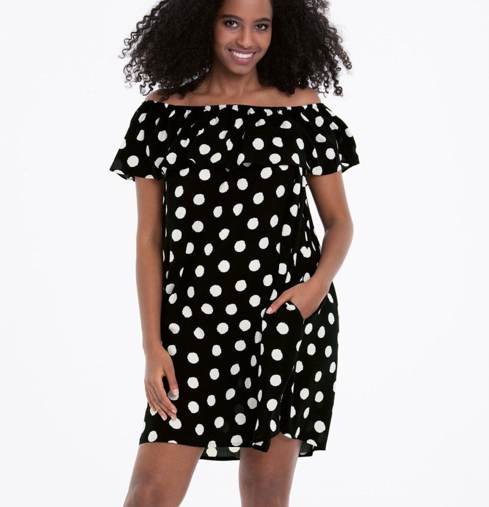 Woman smiling as she wears the Anita Brava Black and White Polka Dot Off the Shoulder Beach Cover Up Dress