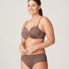 Model wearing Prima Donna bra and brief set in brown and gold tones