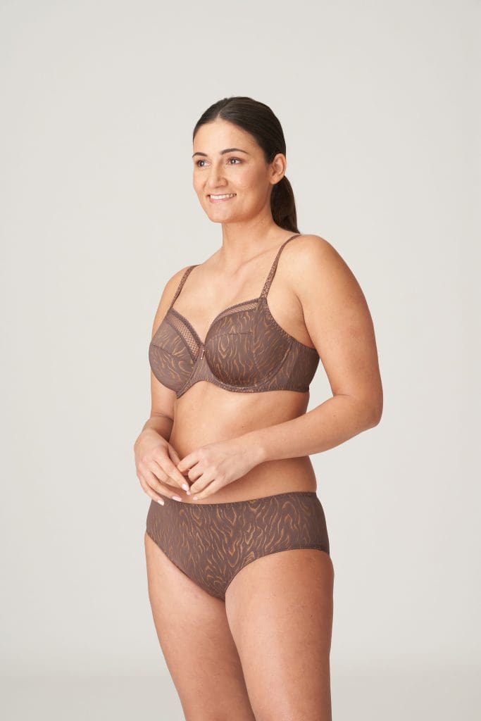 Model wearing Prima Donna bra and brief set in brown and gold tones