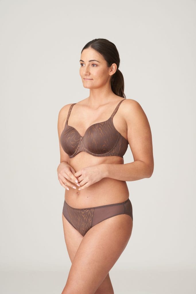 Model wearing Prima Donna bra and brief set in brown and gold tones