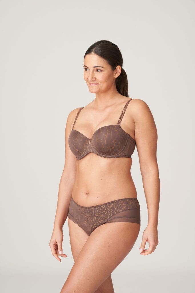 Model wearing Prima Donna bra and brief set in brown and gold tones